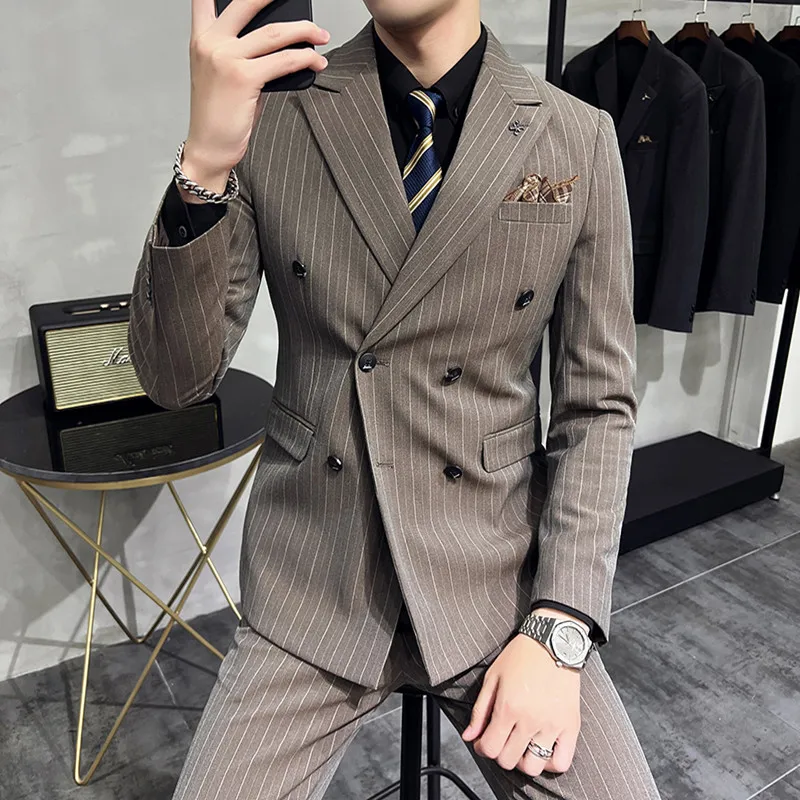 

3 Pcs / 2Pcs Plus Size Men Suits Fashion Double Breasted Stripe Slim Fit Men Blazer Large Lapels Business Wedding Groom Tuxedo