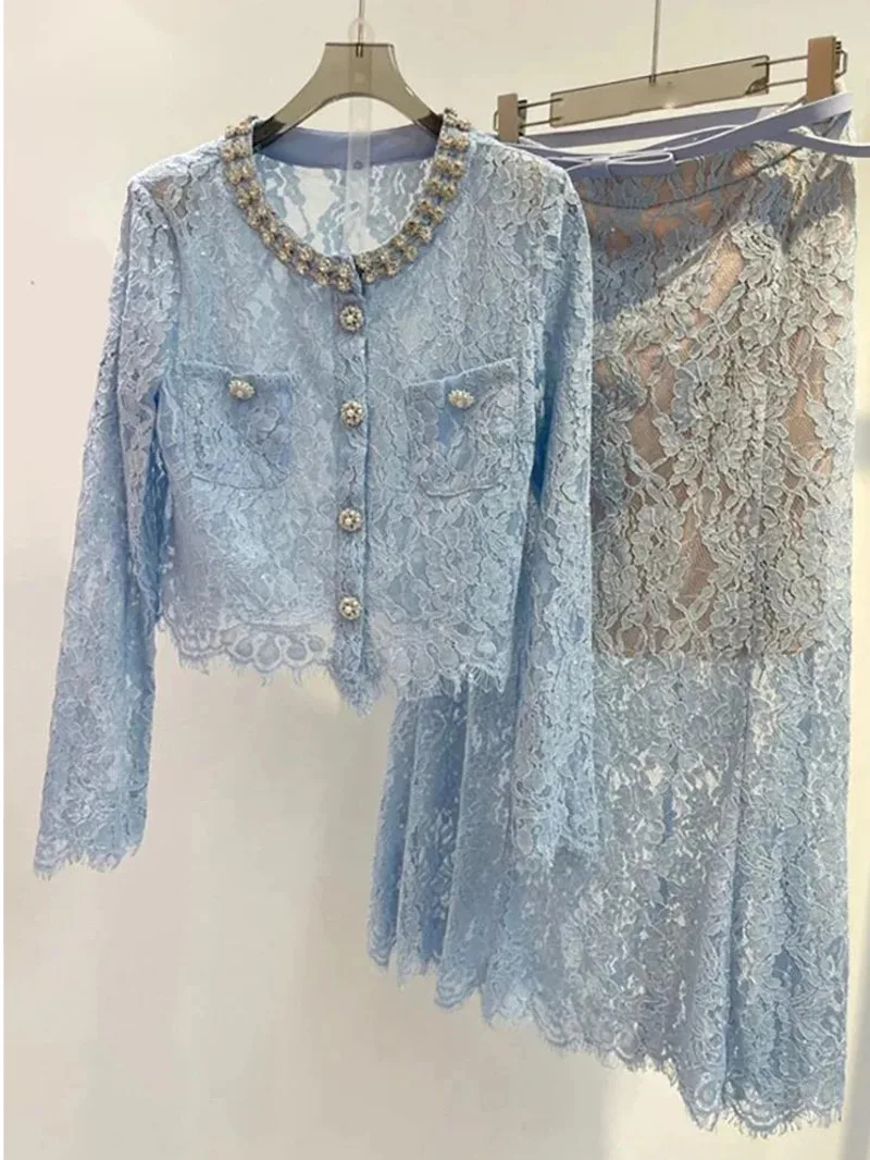 Fashion Blue 2 Piece Set Women Beaded Round Neck Short Jacket High Waist Belte Lace Skirt Suit Autumn New 395K9