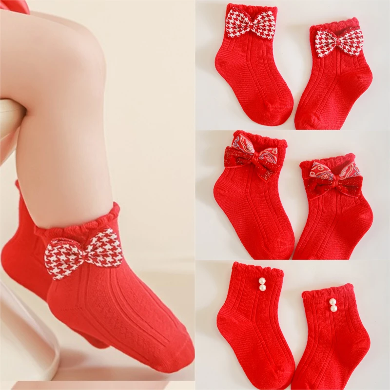 

Children's Sweet Red Bow Socks Autumn Winter Girls' Socks Red Cute Baby New Year Sock Little Girl Princess Sock New Year Gifts
