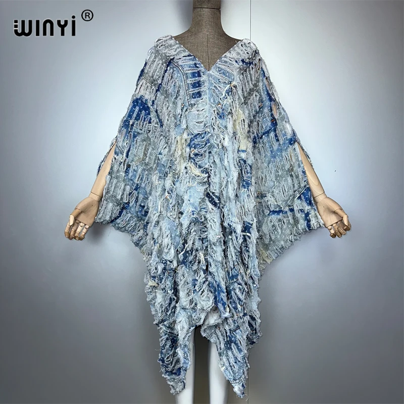 WINYI Original V Neck Print Denim Sexy Short Dress with Holes New Fashion Africa Womens Party Holiday Casual Maxi Beach Dress