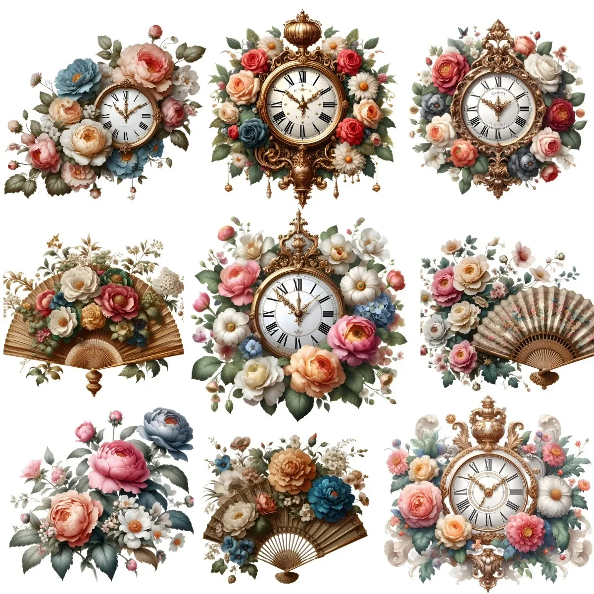 1 Set Cute Hand-painted Vintage European Style Clock Flower Fan Decoration Sticker Diy  Ablum Diary  Scrapbooking