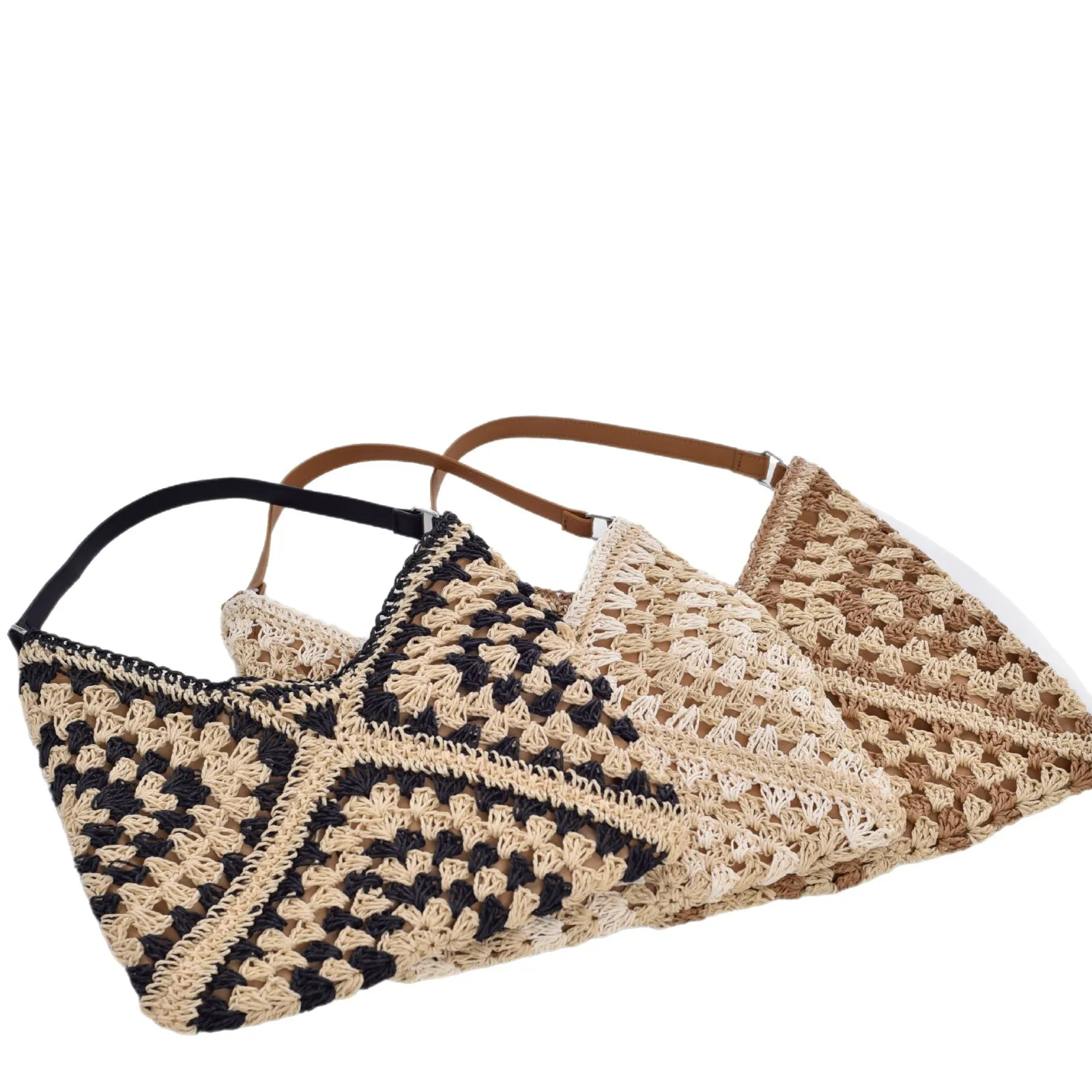 Women's handmade straw openwork bag, large capacity retro vacation woven shoulder bag, casual beach handbag