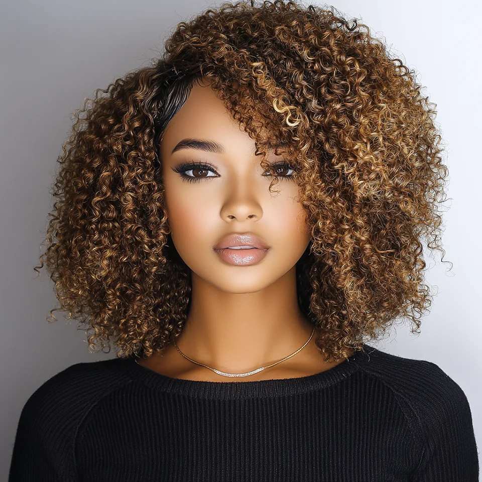 

12-дюймовые короткие кудрявые парики Highlight Jerry Curly Human Hair Bob Wigs Бразильский парик из человеческих волос Wear And Go Afro Kinky Hair Wigs