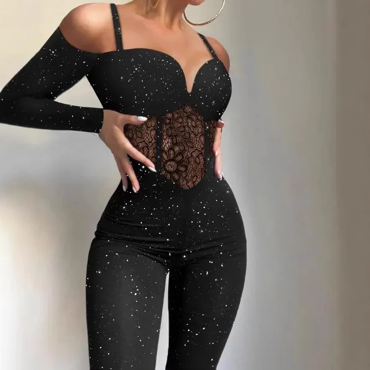 

Sexy Lace Hollow out Faionable Sequin Women's Jumpsuits Strapl Polyester mid Waist Nine Points Straight Leg Pants
