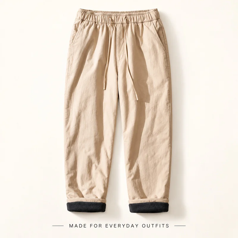 Mens Cotton Shell Padded Winter Pants Polyester Lining Drawstring Waist Straight Leg Warm Casual Trousers with Side Pockets