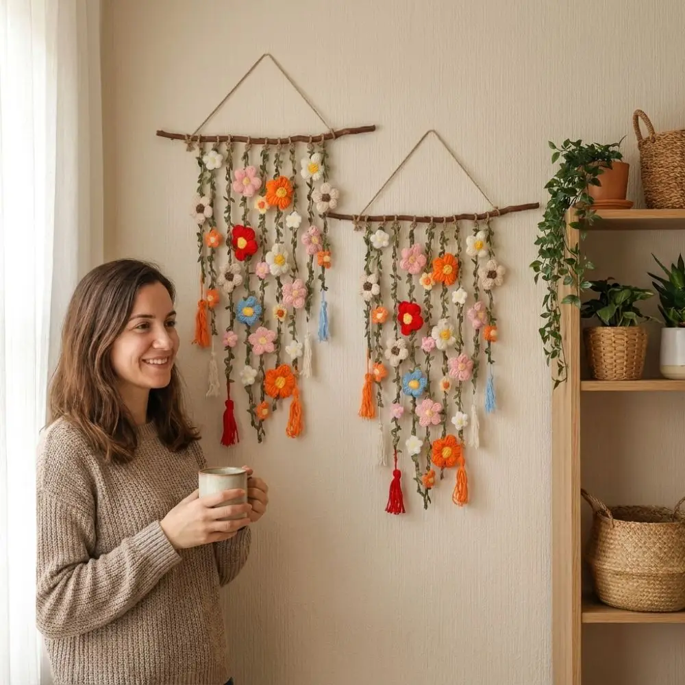 Handmade Crochet Floral Vine Wall Hanging Yarn Crochet Natural Wooden Branch Hand Knit Flower Tapestry Colorful Flowers