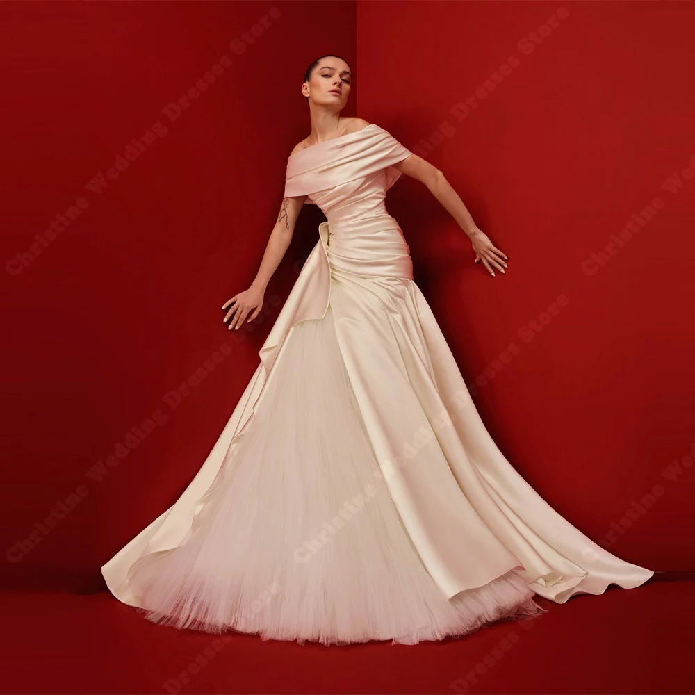 Elegante Satin Frauen Brautkleider Sexy Weg Von Der Schulter A-Line Braut Kleider Wischen Länge Prinzessin Vestido De Novia Angepasst