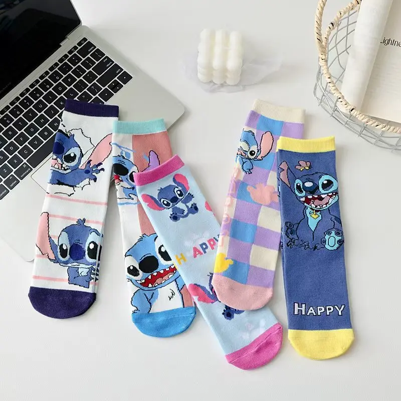 

5 Pairs Cartoon Disney Lilo & Stitch Women Socks Cotton Comfortable Anime Crew Socks Casual Harajuku Happy Funny Mid-Calf Socks