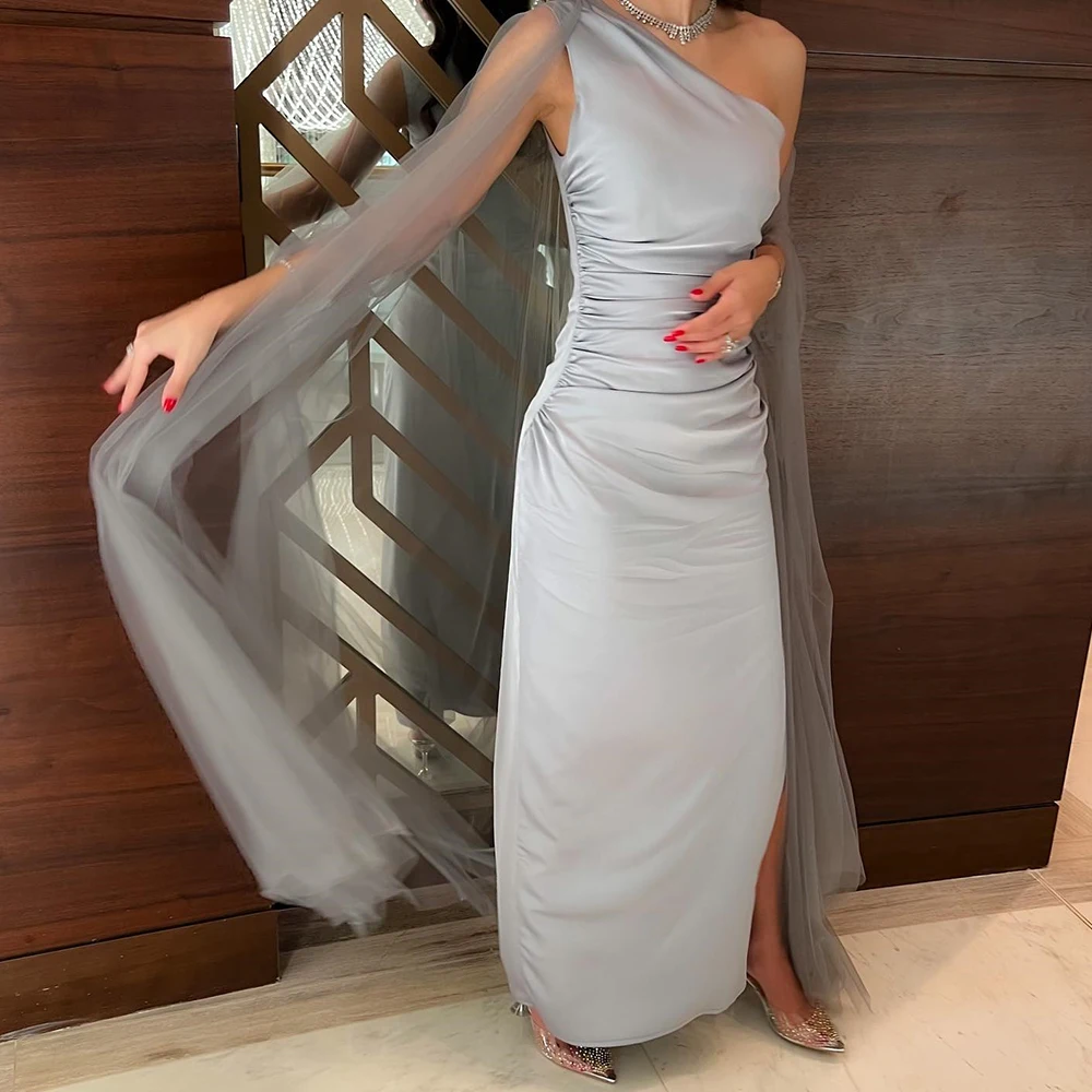 

Shawl One Shoulder Classic and Formal Satin Evening Dress Straight Sleeveless Pleats Ankle Length Bespoke Occasion Gowns Saudi