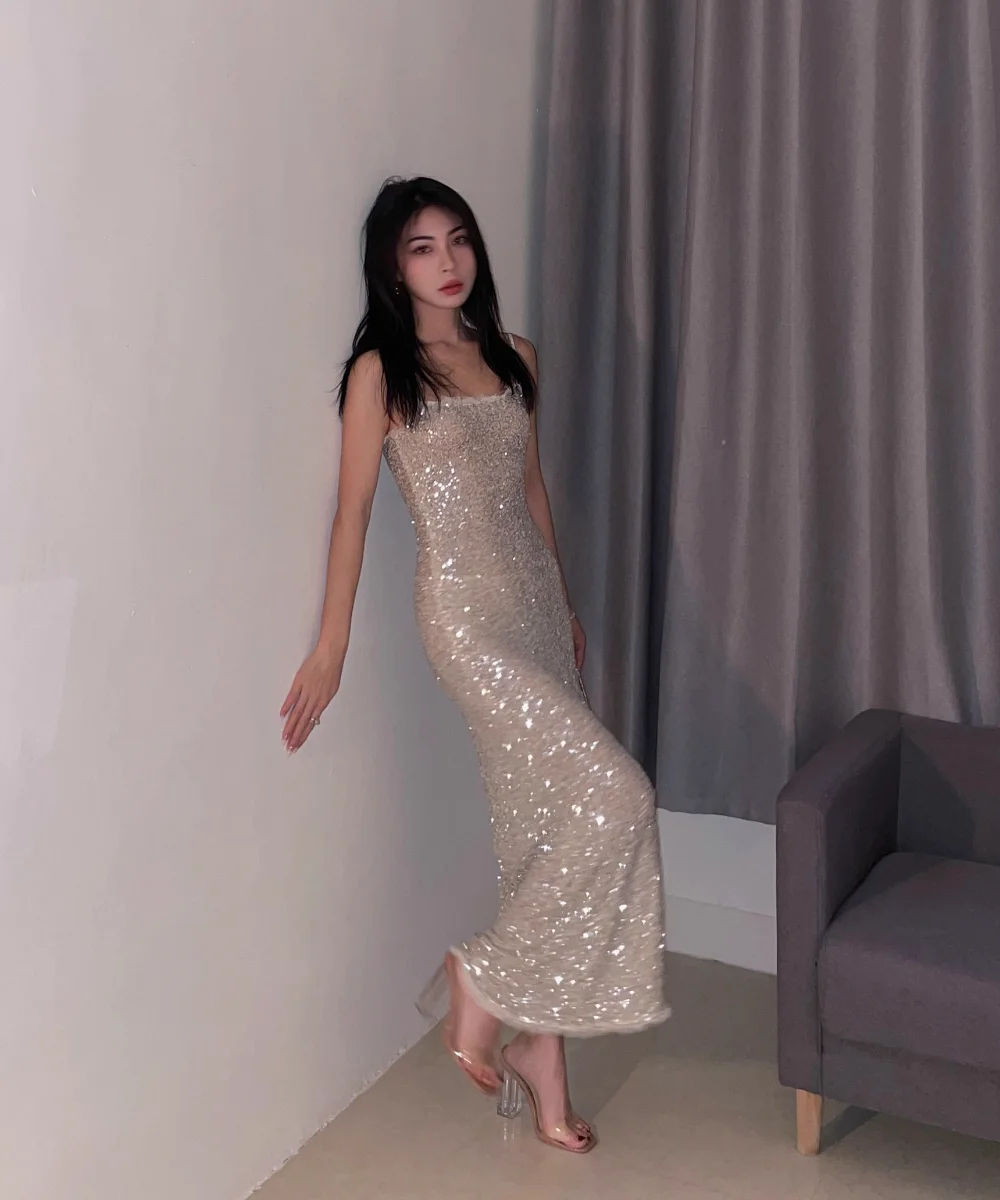 

Silver Sequined Dress Suspender Skirt Birthday Dresses Fashion Long Skirt for Women Sets Summer Female Outfits Club Sexy Dress