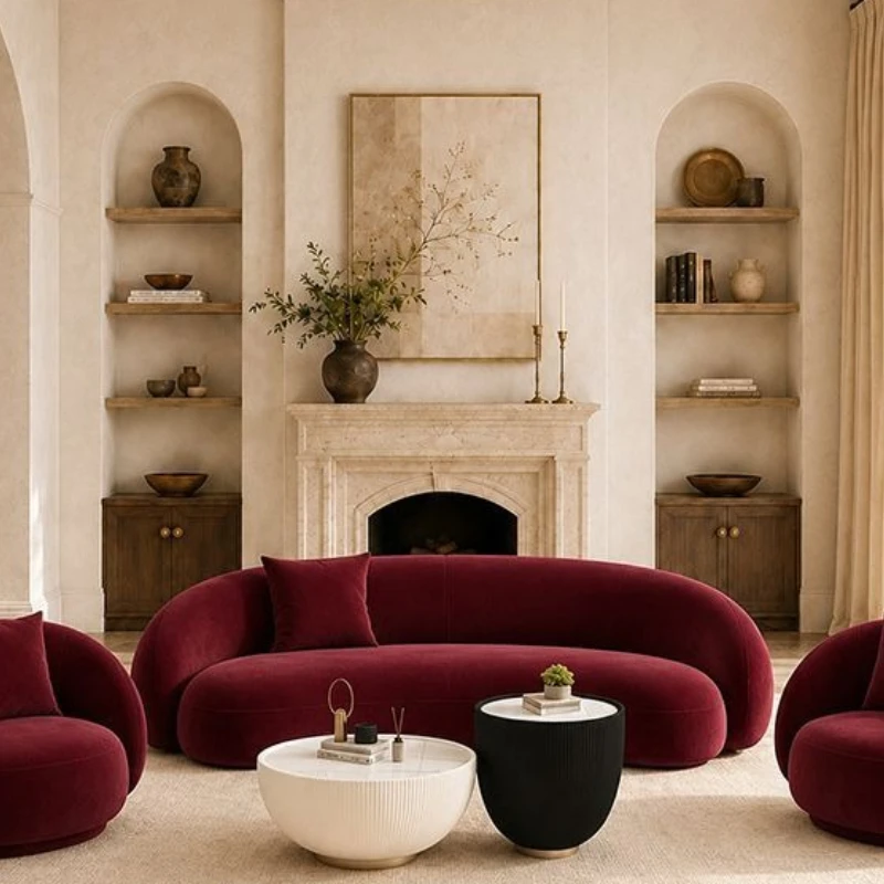 Light luxury cream style, curved sofa, high-end sense, burgundy flannel, business meeting guest special-shaped sofa