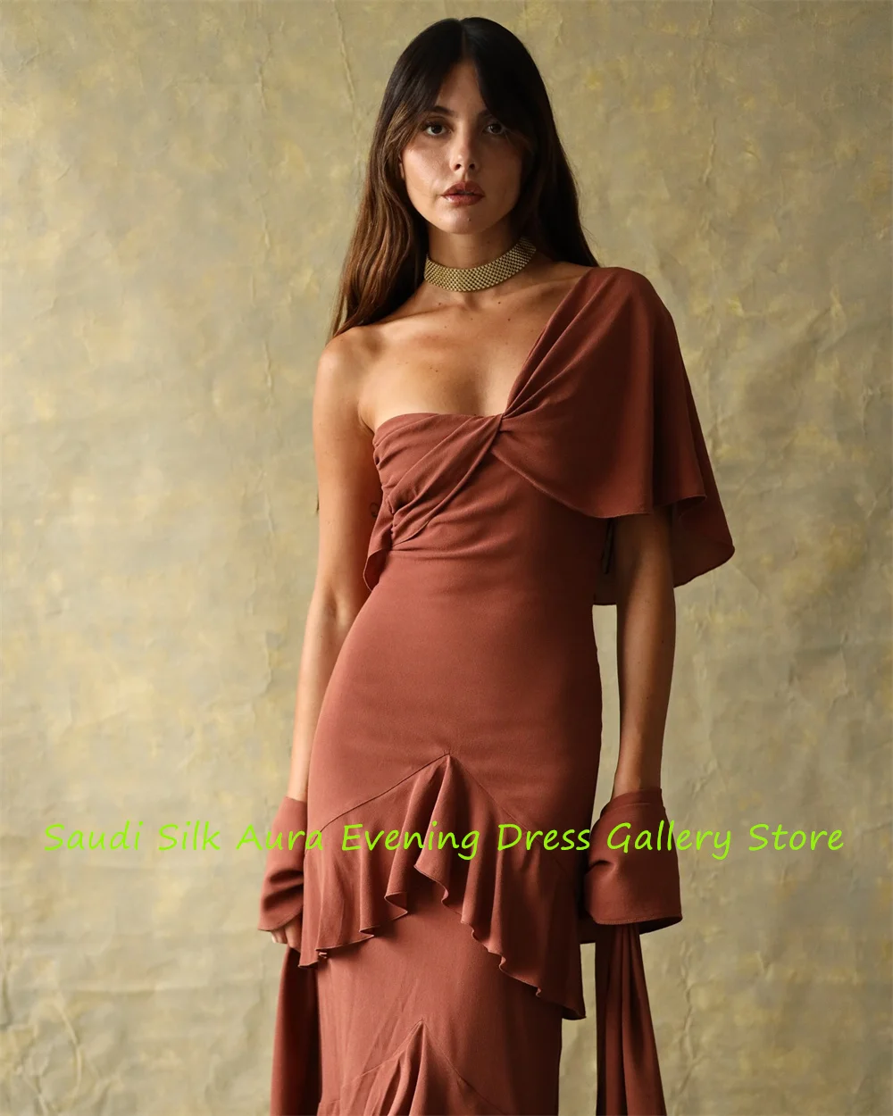 Aangepaste hoge kwaliteit Russet Jersey avondjurk zeemeermin een schouder feestjurk linten beroemdheidsjurken van hoge kwaliteit
