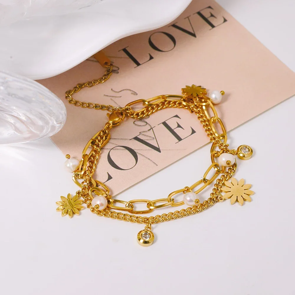 

Golden Stainless Steel Bracelet Chain Chrysanthemum Pendant With Natural pearls For Men Women Birthday Festival Gifts TB0004B