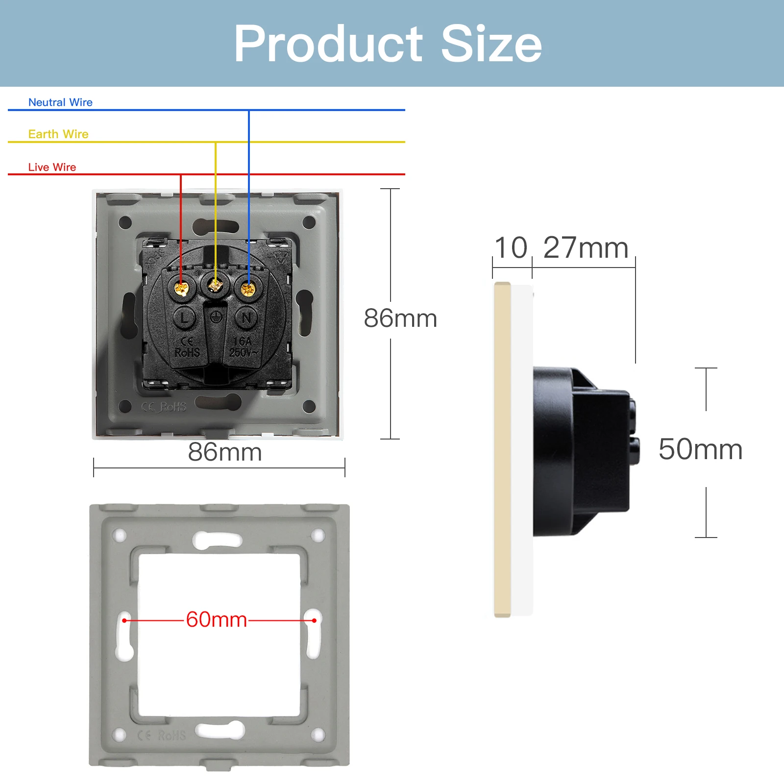 BSEED EU Standard WaterProof Wall Socket Double Power Plug With Cover Triple Outlets Crystal Glass Panel 16A 110V-250V