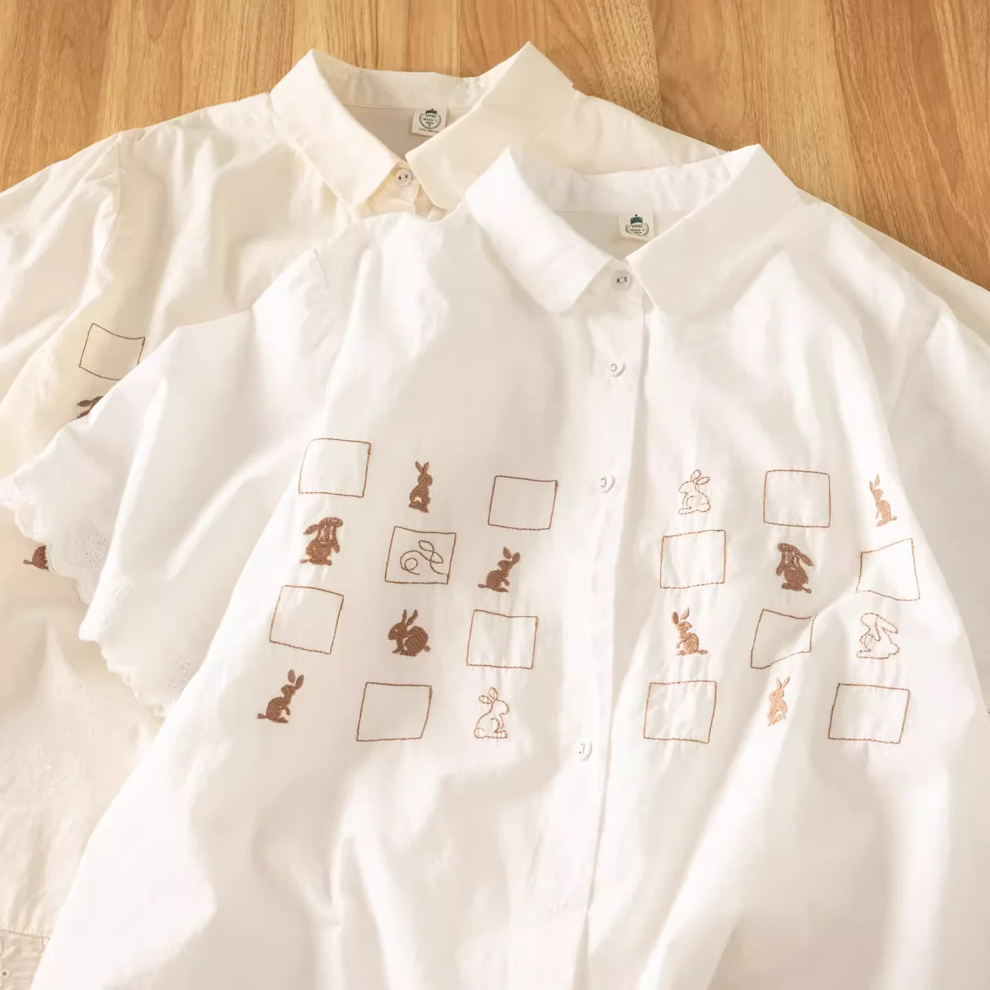 

Mori girl Japan style cotton cartoon rabbit embroider white beige shirts and blouses for women hollow out patchwork tops