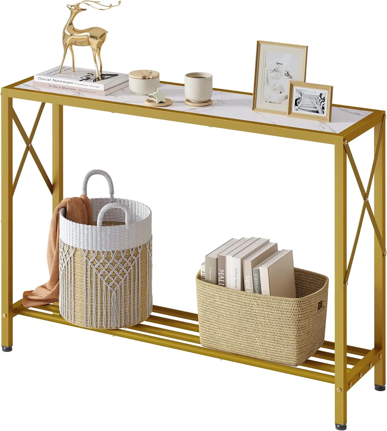 

41.8" Narrow 2-Tier Console Table with Shelves, Gold & White Finish for Hallway, Living Room, Office