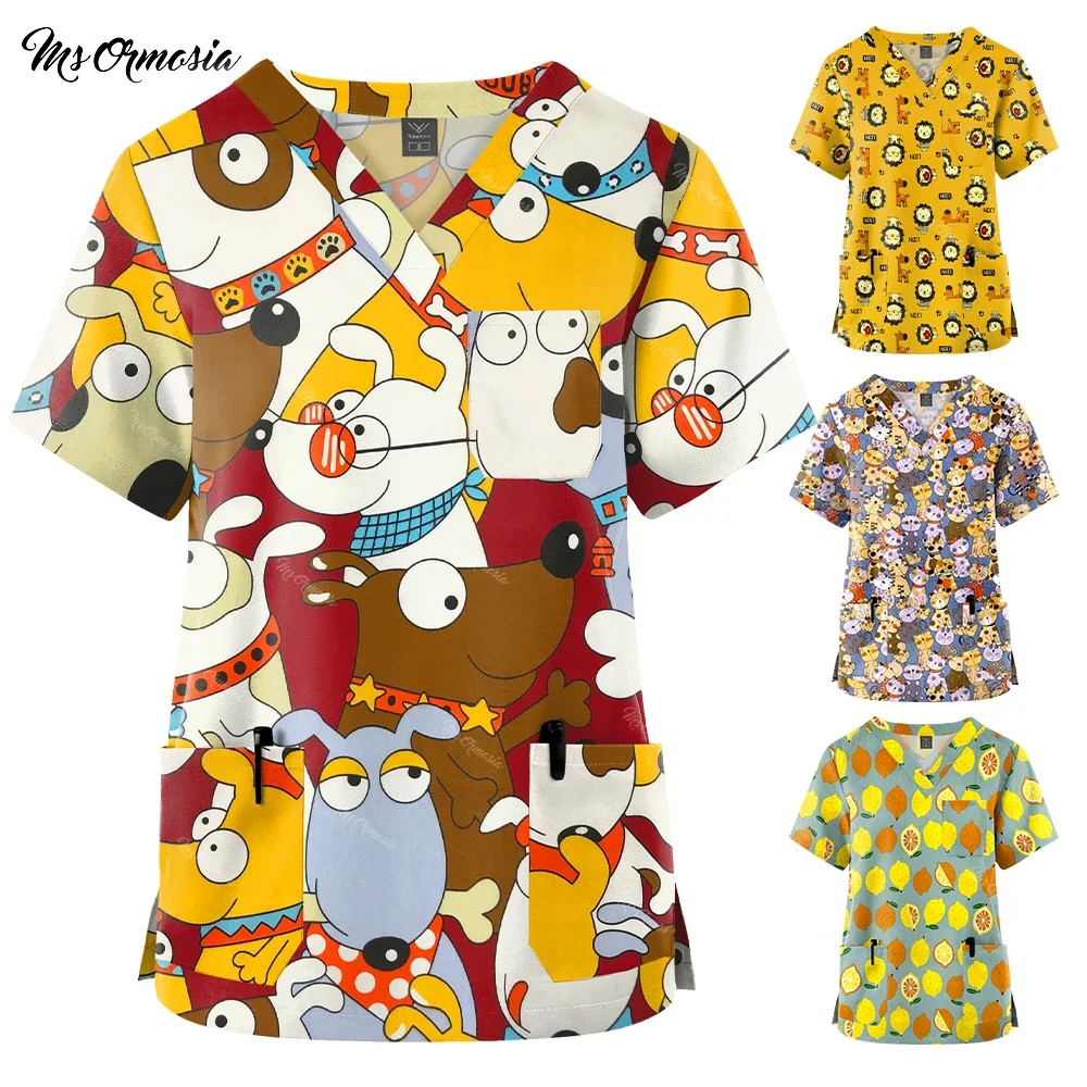 Cartoon Tops Medisch Verpleegster Uniform Damesblouse V-hals T-shirt Kat Hond Print Tee Korte mouw Zakken Medisch Chirurgisch Uniform