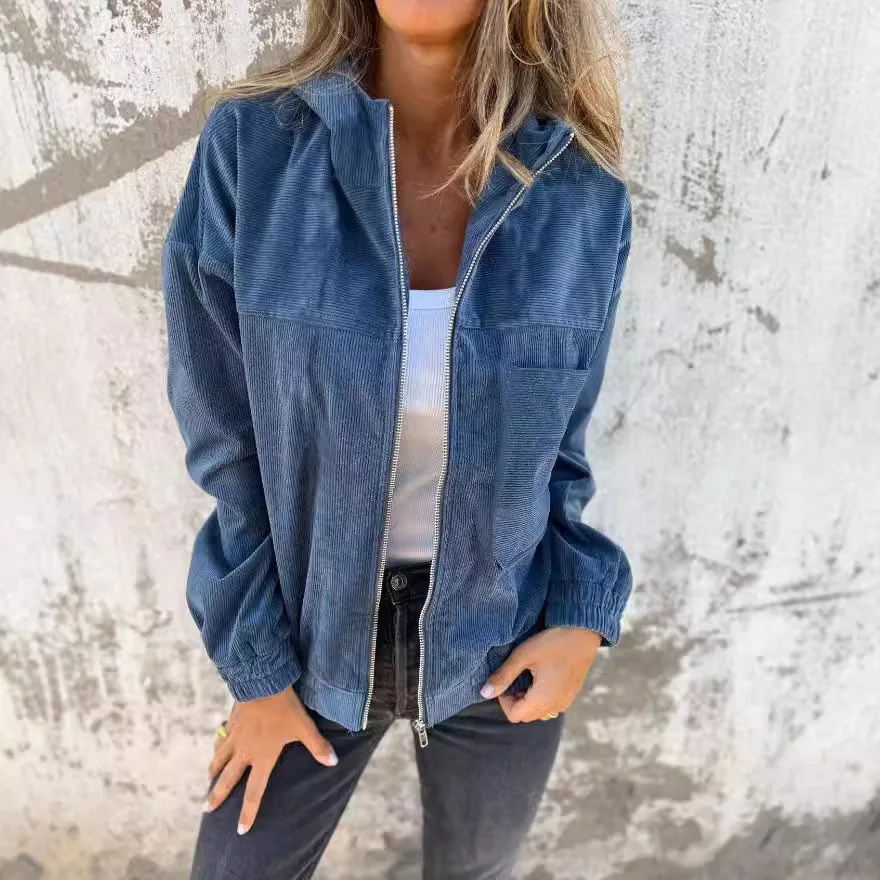 

Winter Long Sleeve Loose Outerwear & Coat Fall Solid Ribbed Warm Corduroy Jacket Woman Casual Zip Drawstring Hooded Top Cardigan
