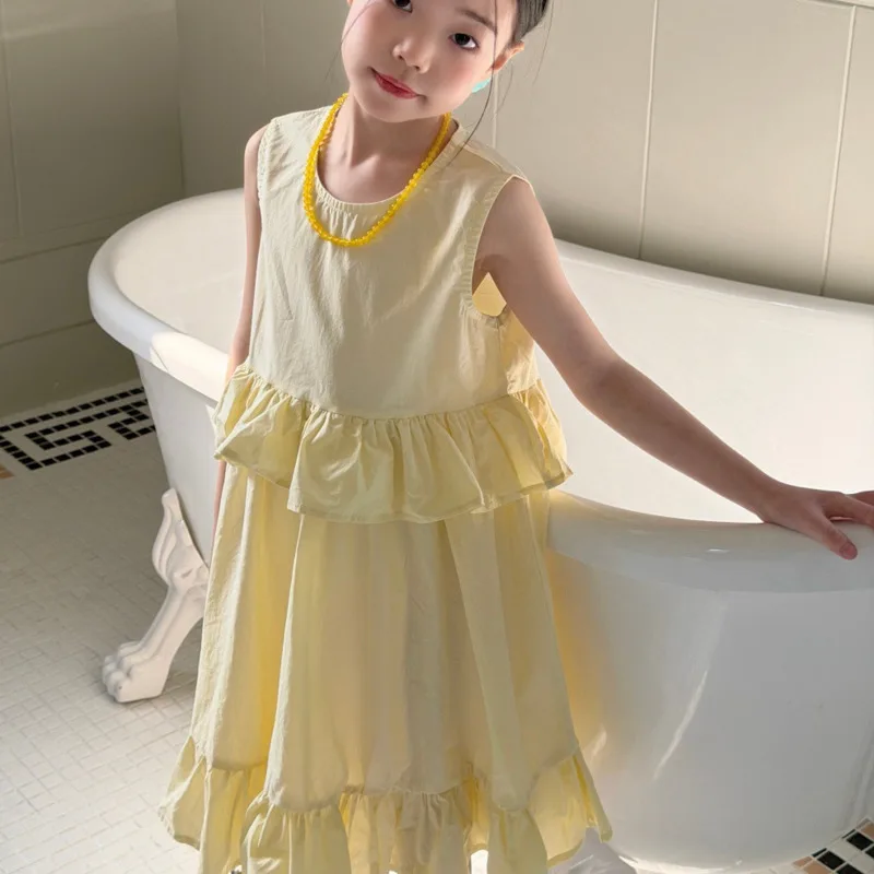 26 Spring Summer New Preppy Style Girls' Lace Sleeveless Dress Children Big Kid Clothes Versatile Ruffled 4-16 Years Outfit