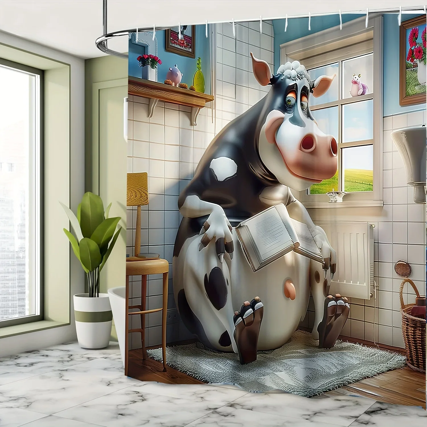 Whimsical Cow on Toilet Shower Curtain - Waterproof, Easy-Clean Fabric with Hooks Included, Perfect for All Seasons