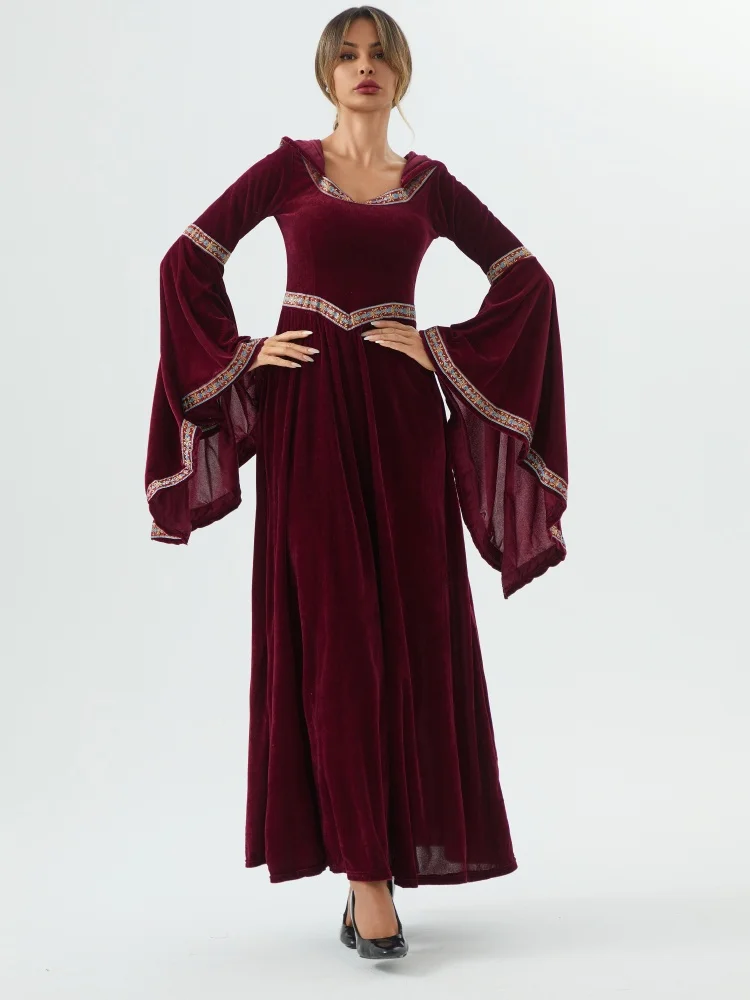 Felpa con cappuccio gotica retrò medievale Gonna lunga da strega Abito da festa da donna di lusso Cosplay Vampiro Costume da Halloween per adulti