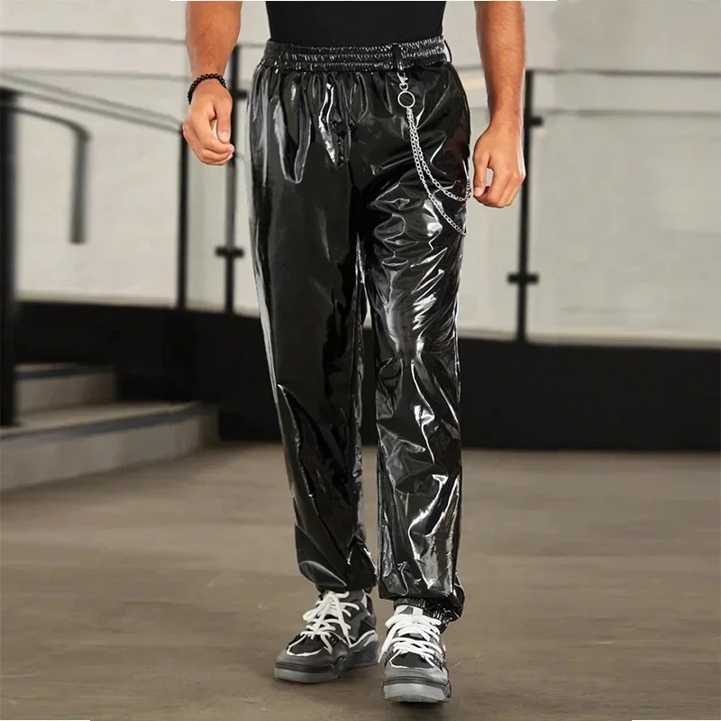 Men\'s Shiny Faux Latex Leather Lantern Pants Casual Loose with Chain Hip Hop Moto Trousers Pocket Clubwear Elastic New Hot 2024