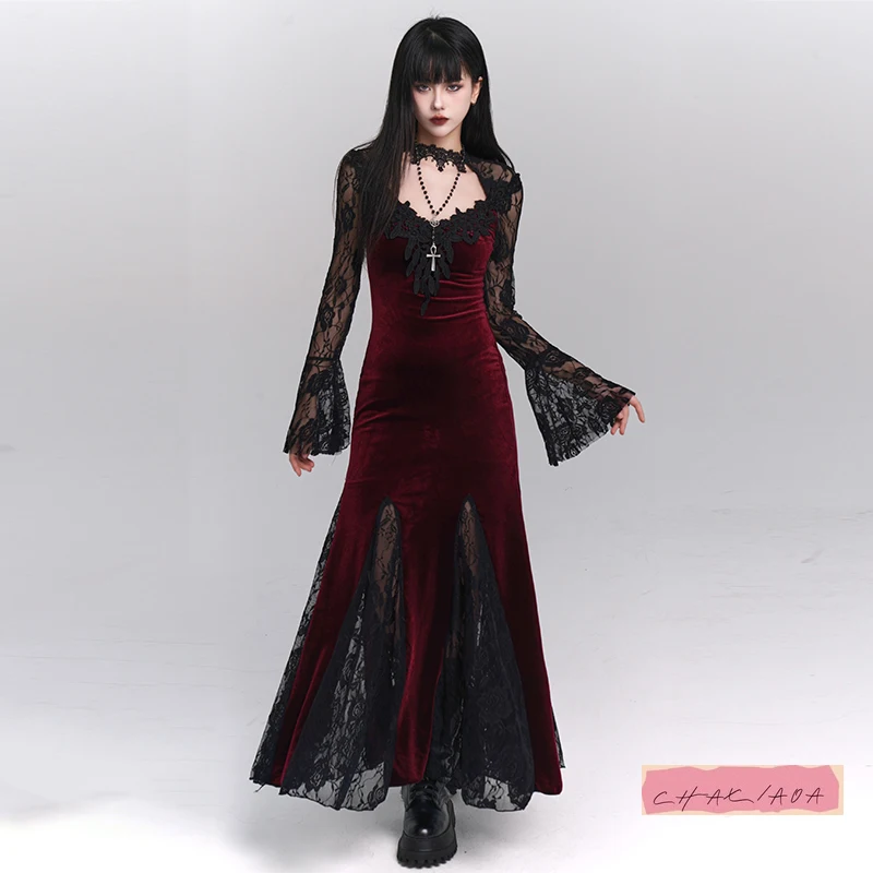 

2025 Spring and Autumn Wear Costume Subcultural Lace Splicing Black Fishtail Dress Red Long Dress Gothic Skirt Womens Halloween