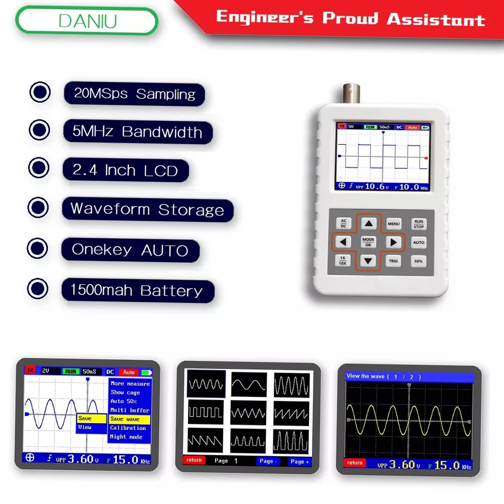 USB Handheld Mini Portable 5M Bandwidth DSO PRO Digital Oscilloscope 20MS/s Sampling Rate With P6100 BNC Standard Probe