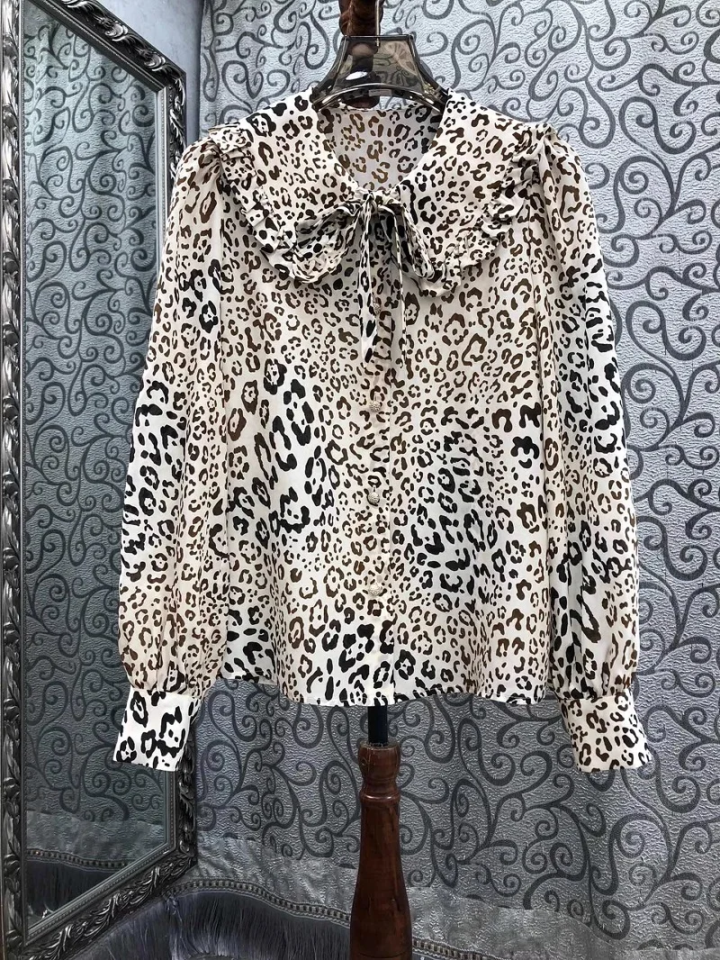 100%Silk Blouse Shirts 2025 Spring Summer Designer Clothes Women Peter Pan Collar Sexy Wild Leopard Prints Long Sleeve Shirts