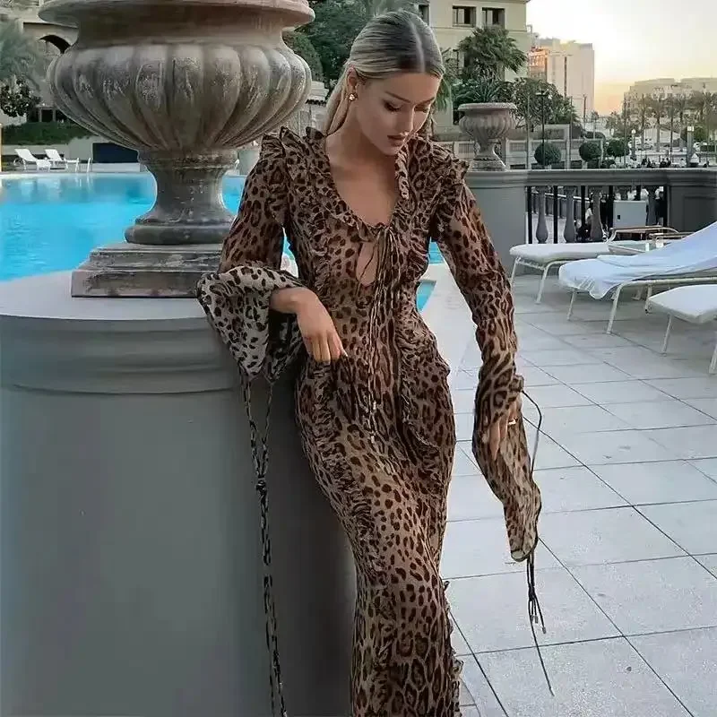 

Leopard Ruffle Split Dress Women Spring Summer Sexy Lace Up V Neck Long Sleeve Bodycon Maxi Dresses Female Party Club Vestidos