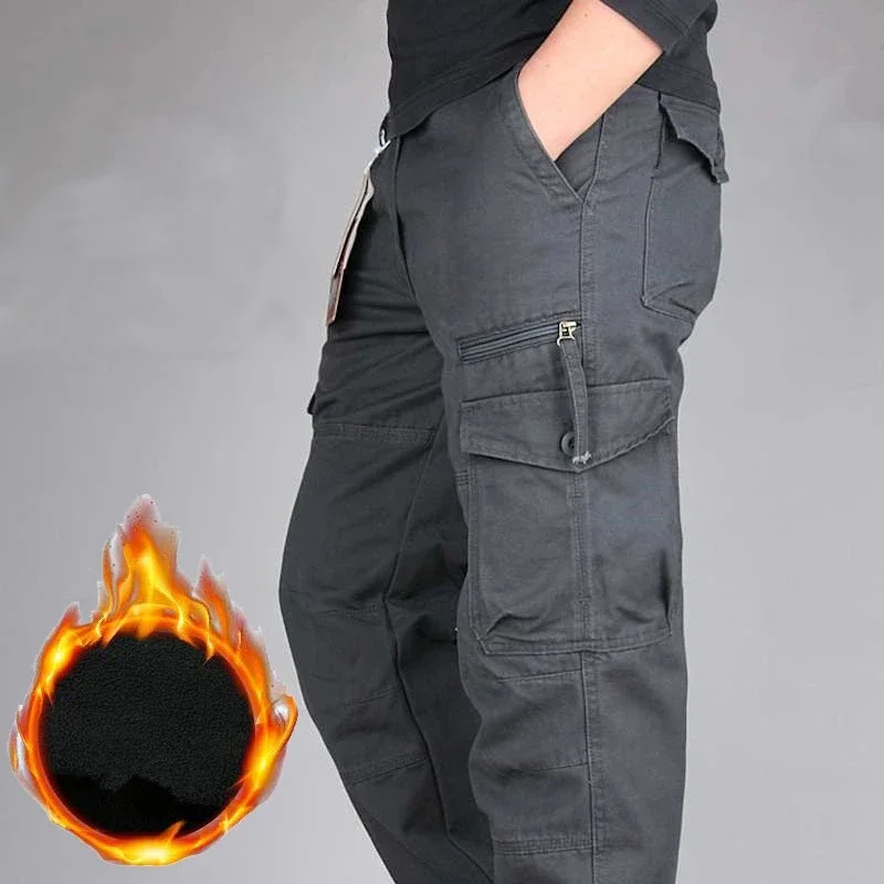 

Winter Casual Fleece Pants Men Cotton Straight Multi Pockets Loose Trousers 5XL Military Thickened Overalls Pantalon Cargo Pants