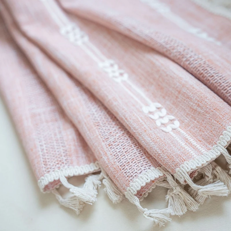 American Style Pink Striped Embroidered Tassel Finished Curtains Semi Shading Hollowed Out Kitchen Living Room Window Curtain