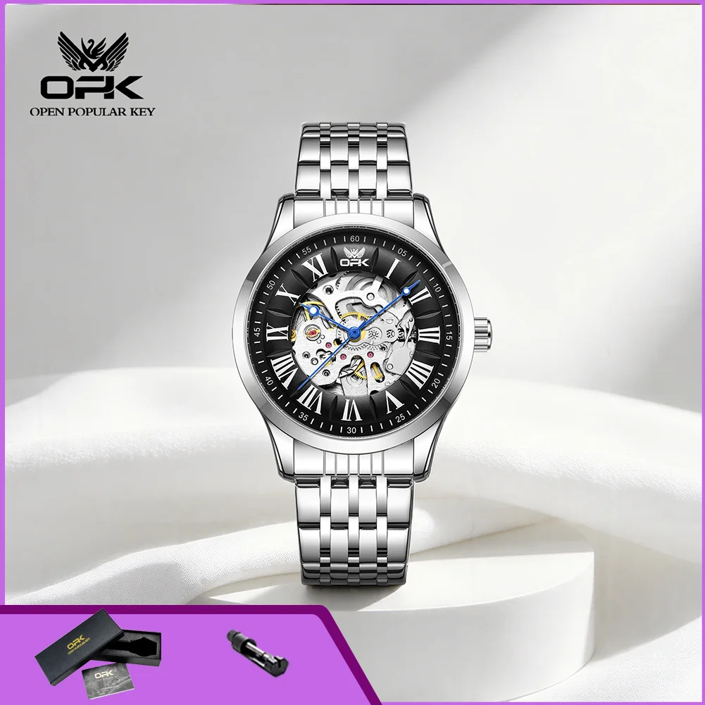 OPK 6102 Top Original Automatic Man Watch Stainless Steel Luminous Waterproof Hollowed Mechanical Wrsitwatch for Men