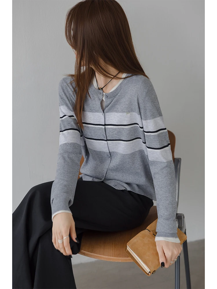 

Thin Knitted Stripe Sweater Women's Faion Color Blo ort Coat Open Cardigan Long Sve Polyester Fiber Commute Sle