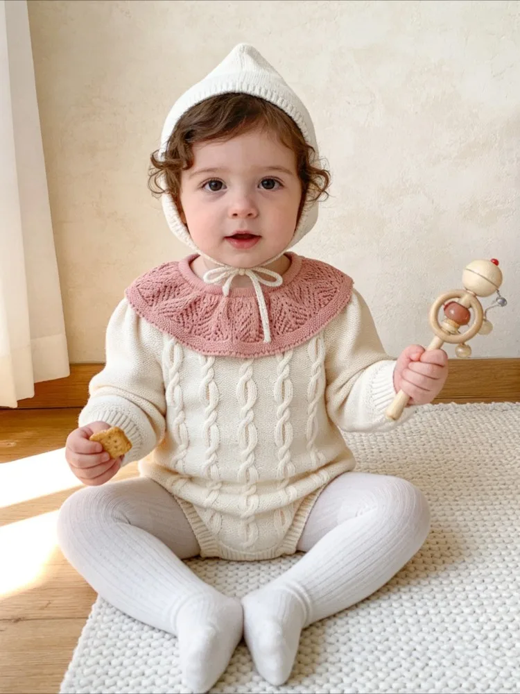 Spring Autumn Cute Girl Baby Sweet Lotus Leaf Collar Bag fart Clothes Color blocked Knit Cotton Yarn jumpsuit Climbing Clothes