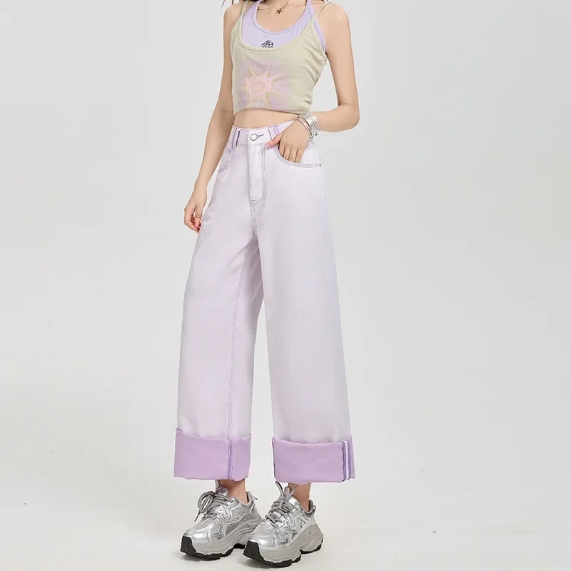 

Casual Design Sense Purple Embroidered Straight-leg Jeans.Women's New Four Seasons Fashion Loose High-waisted Floor-length Jeans