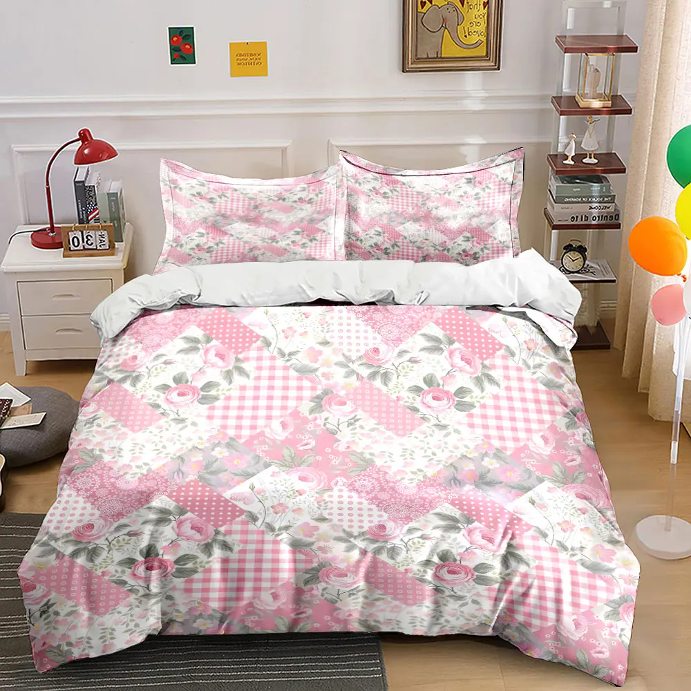 

Pink Rose Patchwork Bedding Set, Shabby Chic Floral Plaid Polka Dot Print Duvet Cover Set, Sweet Soft Bed Linen for Girls room