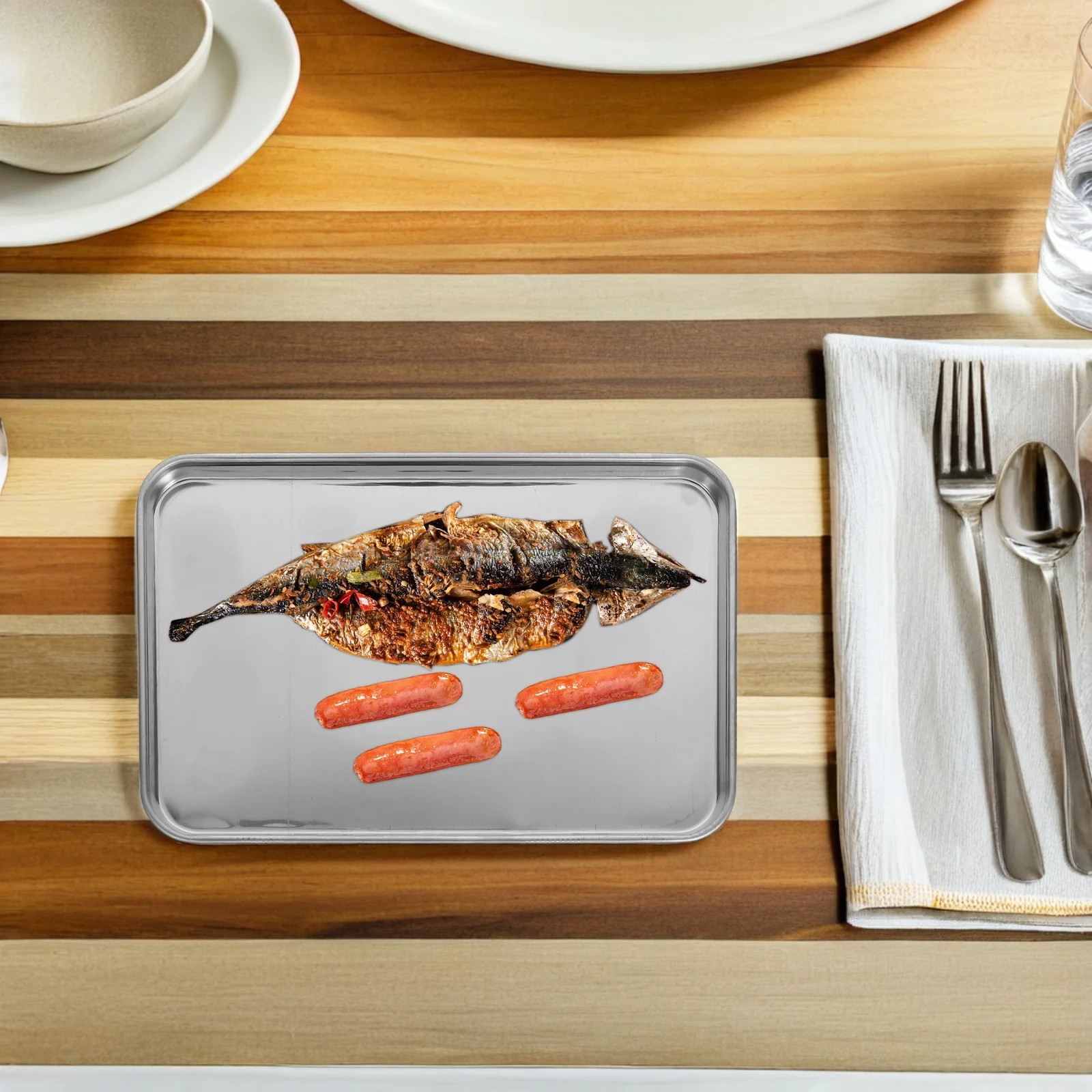 Bandejas de comida de acero inoxidable, platos rectangulares pulidos para asar en la cocina, plato grande para comida de fiesta y restaurante, 4 Uds.