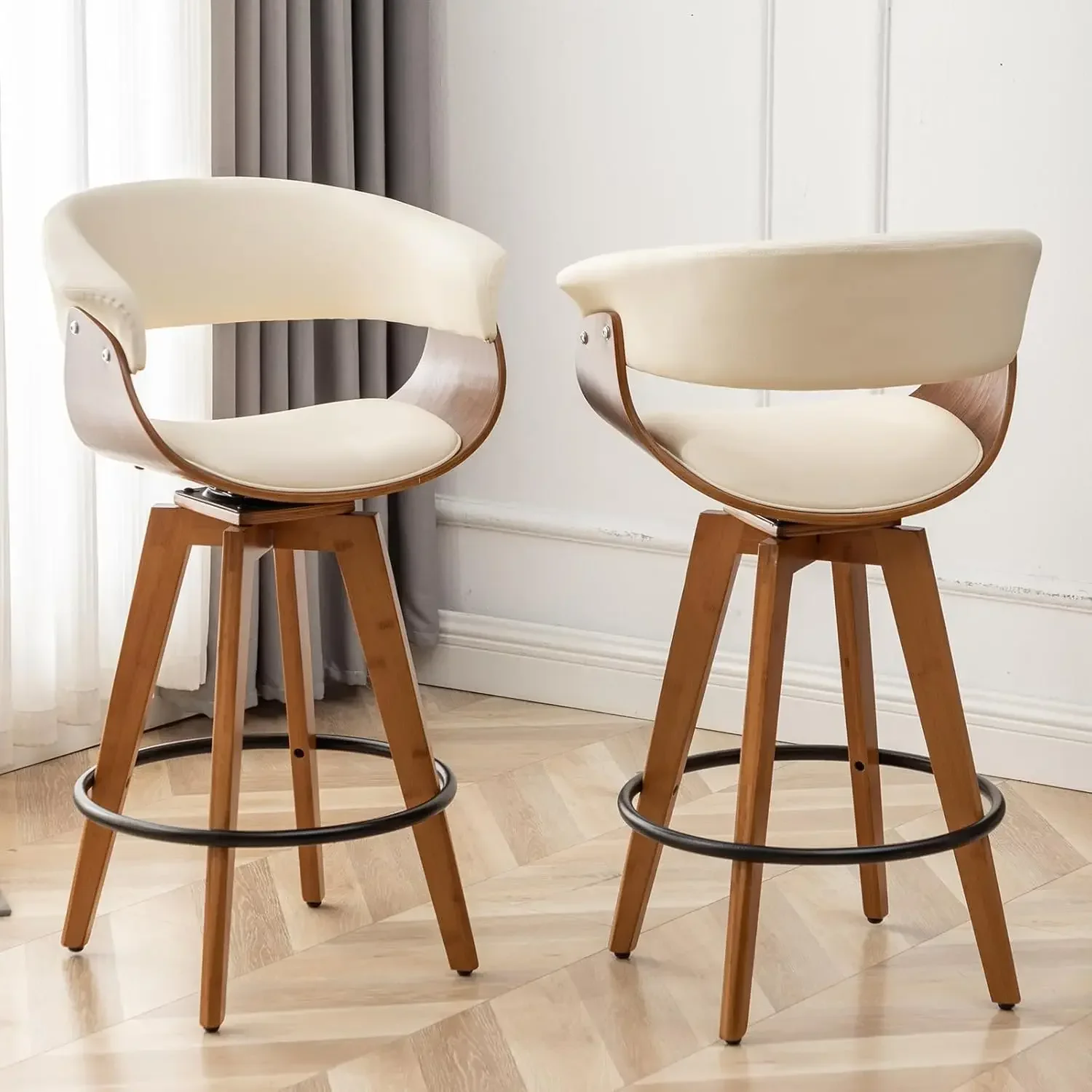 Leather Bar Stools Set of 2,Counter Height Bar Stools,26 Inch Swivel Bar Stools with Hollow Back and Wooden Legs,Cream