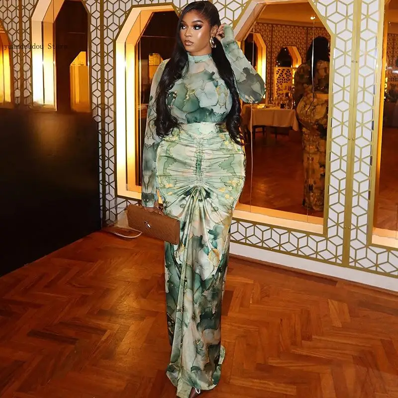 Two 2 Piece Sets Outfit Party Women's Dress Set Long Sleeve T-Shirt and Drawstring Ruched Maxi Long Skirts