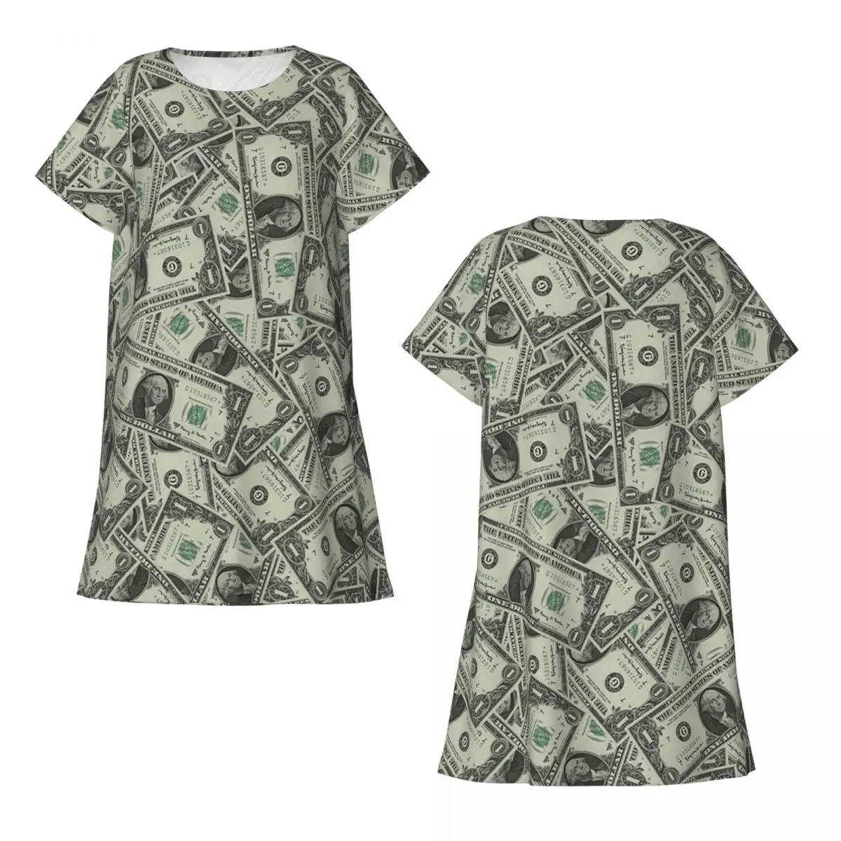Custom Money Dollars Bill Pattern Short Sleeves Nightdress For Sleepshirts Women Short Sleeve Nightgowns Loose Pajama Dress