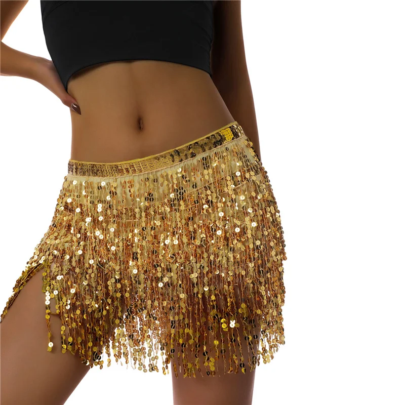 Women Sexy Belly Skirt Sequined Fringe Miniskirt with Adjustable Waist Straps Mini Skirt for Dance Performance Rave Party