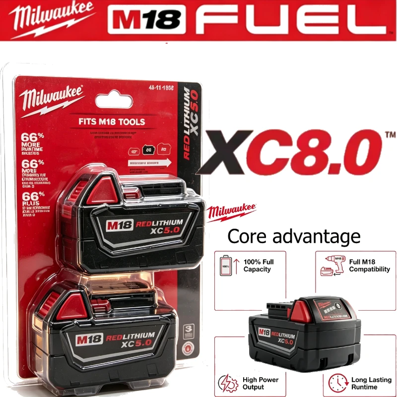 

Milwaukee M18 XC 8Ah Entry Lithium Power Unit Wear Resistant Outer Frame Stable Low Draw Output For Light Home Workshop Jobs