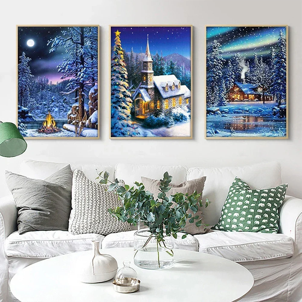 Full Round Diy Diamond Painting Winter Snow House Diamond Mosaic Cross Stitch Landscape Rhinestone Embroidery Home Decoration