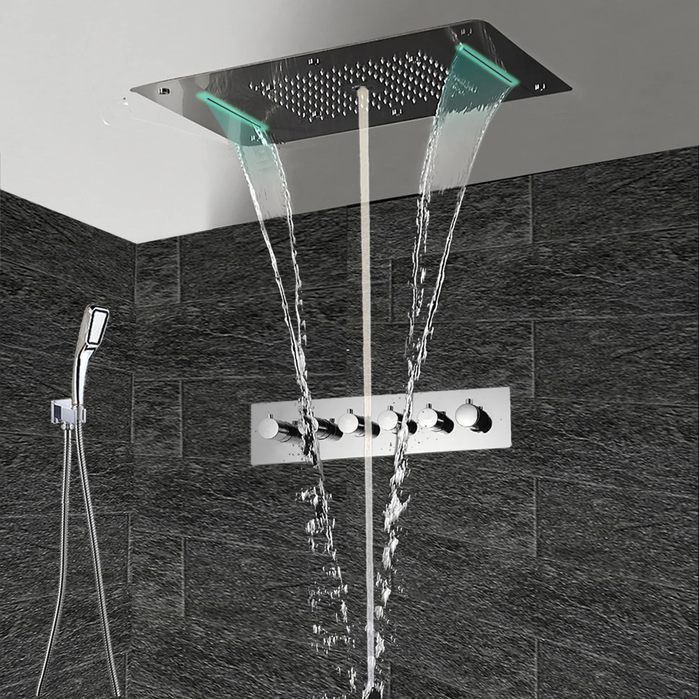 

Large flow Thermostatic Concealed Shower Mixer LED Ceiling Shower Head Panel Luxury Bath Shower Rain Waterfall Bubble Mist