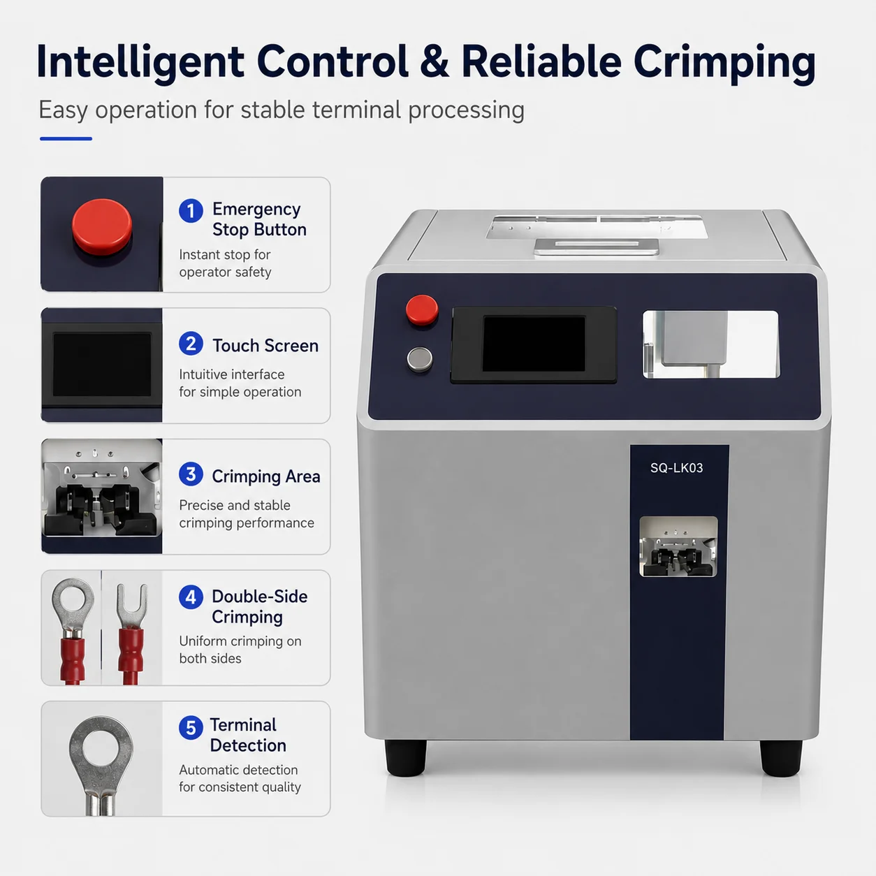 SQ-LK03 Fully Automatic U/O Bare Terminal Crimping Machine 0.5-6.0 Sq Mm 1000 Pcs/h Double-Side Crimping For Wire Harness