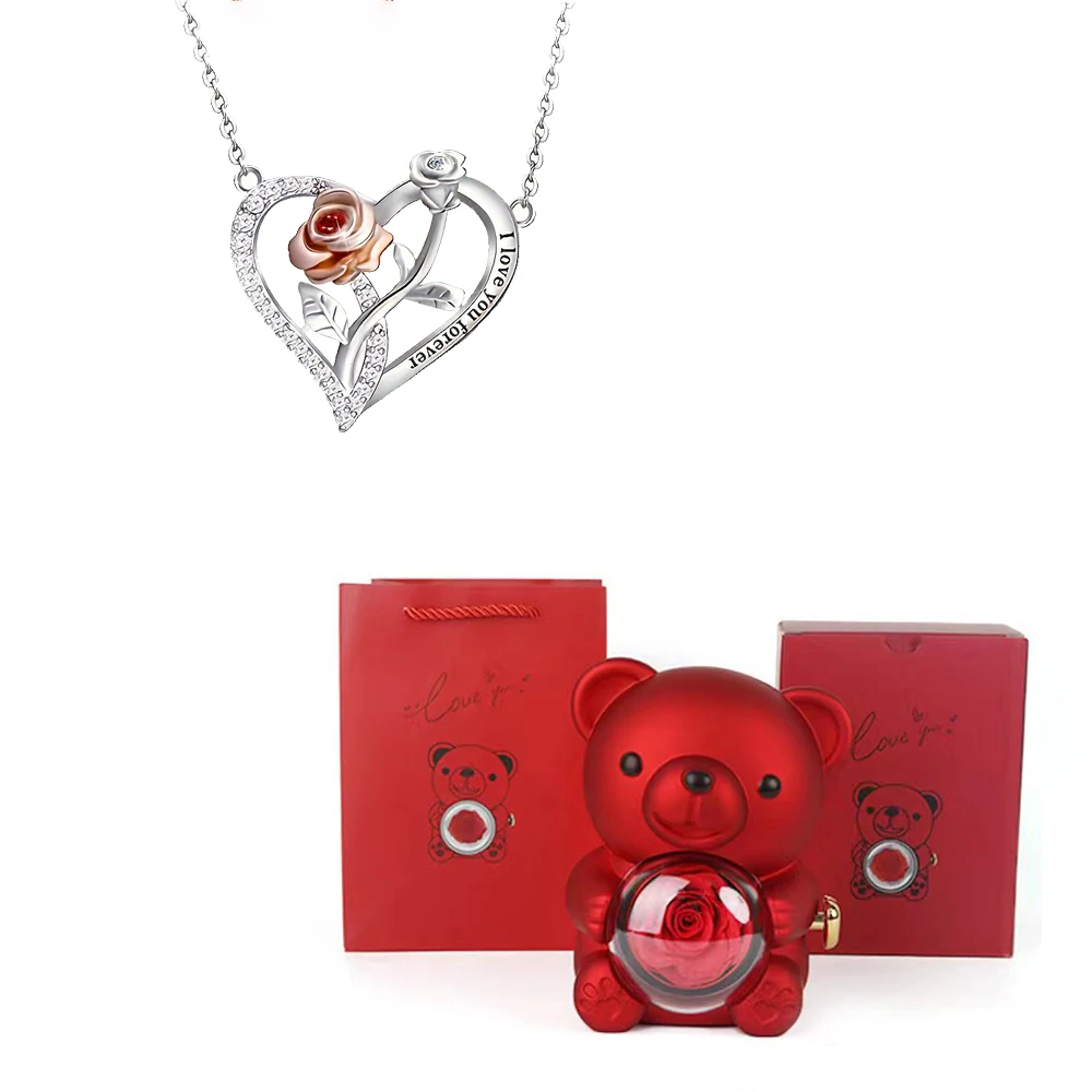 Heart Zircon Pendant Necklaces With Cute Bear Rose Flower Luxury Gift Box 2024 New Christmas Party Romantic Jewelry
