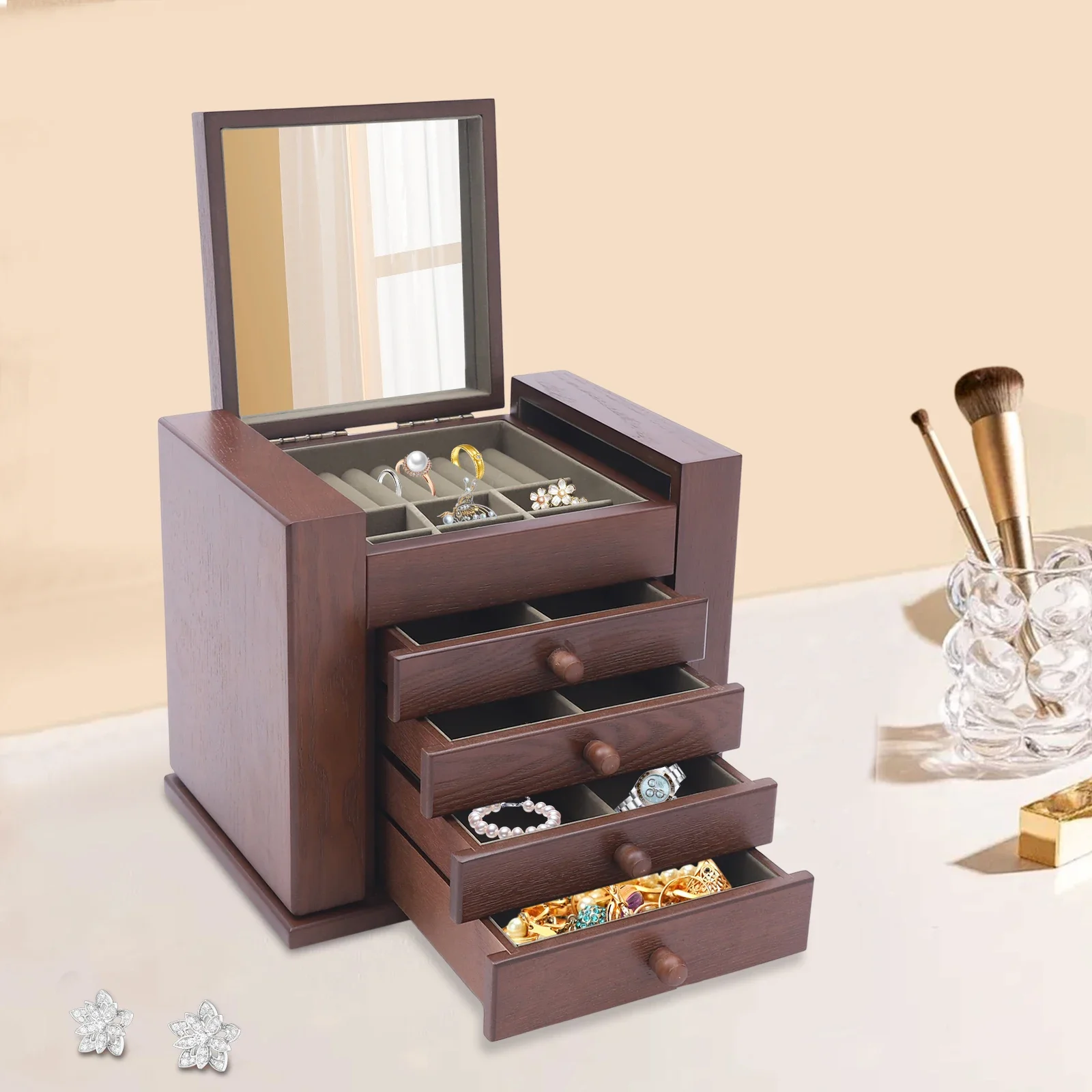 

5-слойная большая шкатулка-органайзер для ювелирных изделий с зеркалом и шкафом с 4 ящиками, мягкая бархатная подкладка, ящик-органайзер для ювелирных изделий для колец