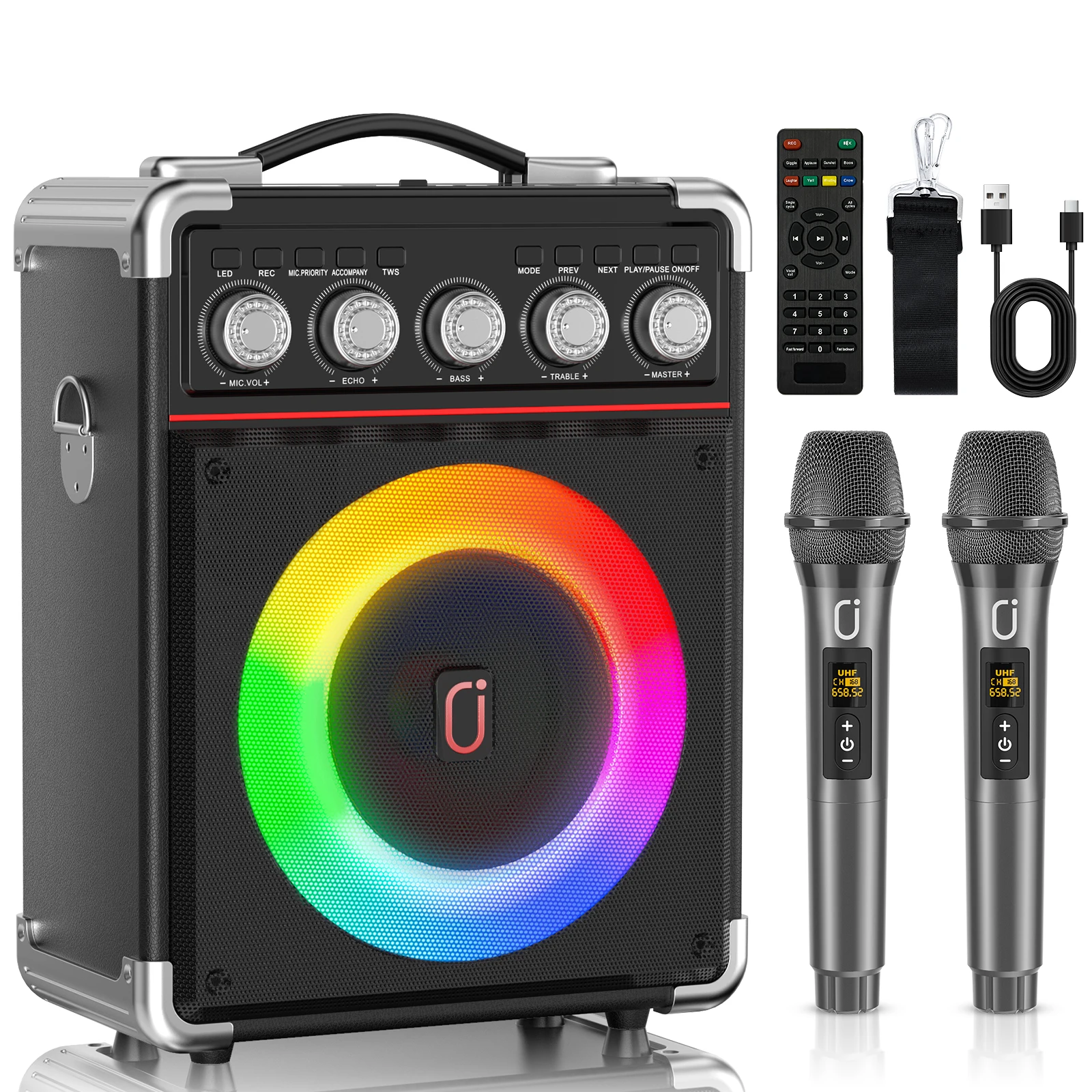 Kara Ok Machine with 2Wireless Microphones,Portable Bluetooth Speakers with Bass/Treble Adjustment,Pa System with Remote Control