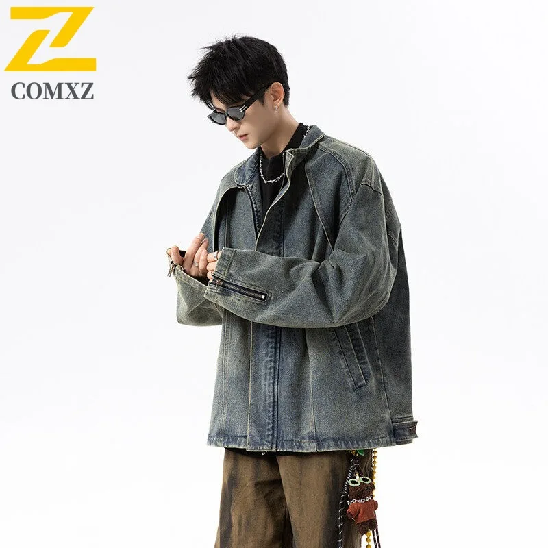 معطف رجالي COMXZ 2025 فضفاض عصري يسمح بمرور الهواء عالي الجودة للتخييم والمشي من قماش الدنيم معطف غير رسمي للسفر والتنزه سترة واقية #4
